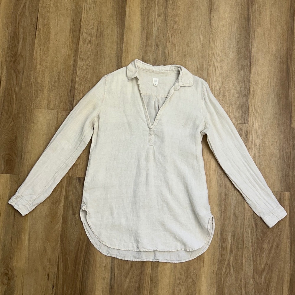 Gap Medium Linen Tunic Top Beige Long Sleeve Split Neck Coastal Lagenlook